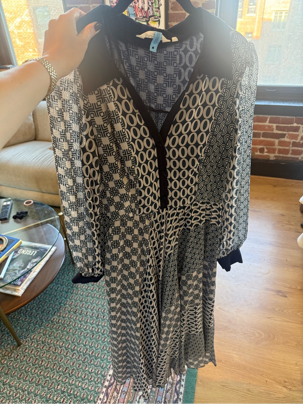 Naf Naf Paris Navy & White Geometric Print Long Sleeve Shirt Dress